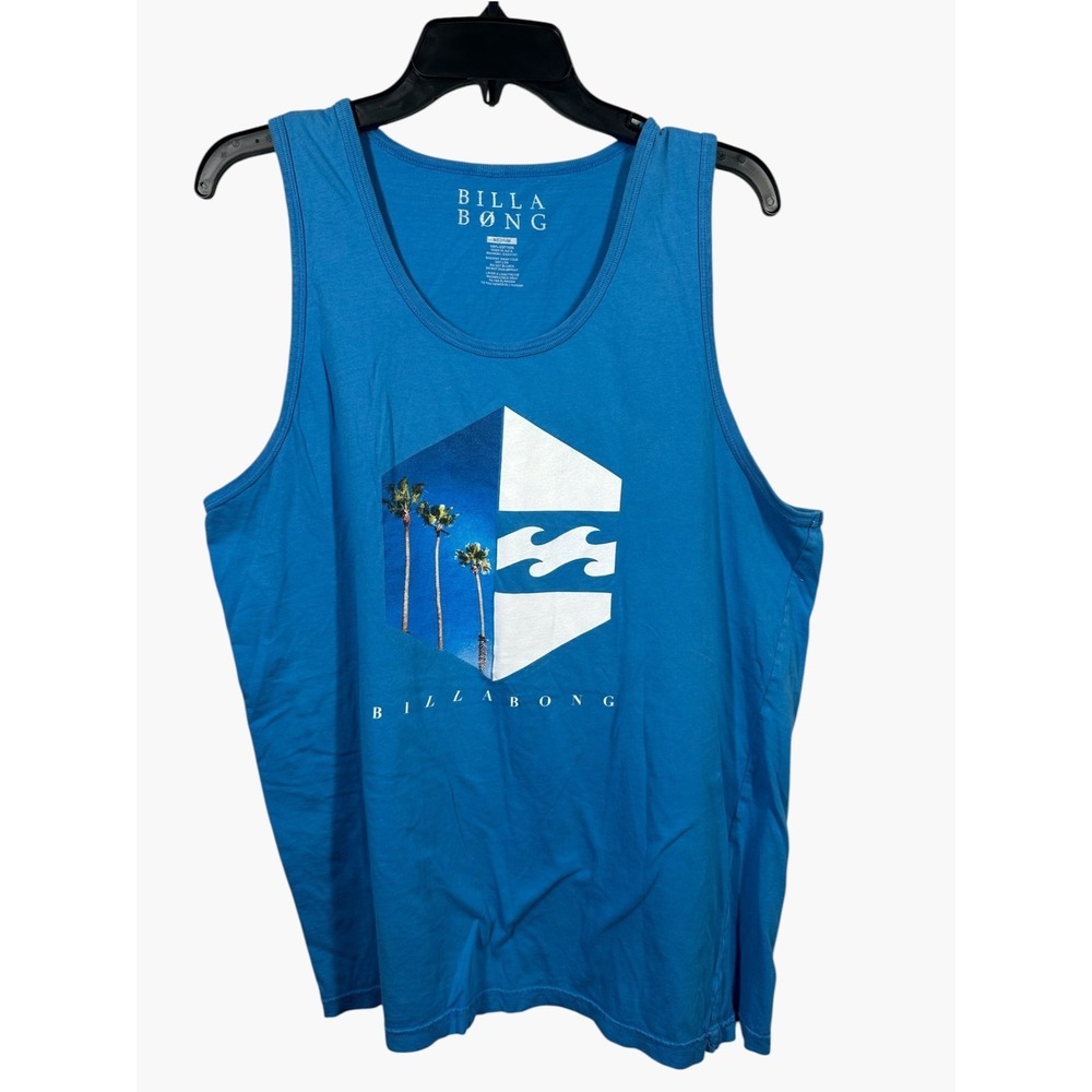 Billabong Mens Medium Blue Graphic Tank Top Palm Tree Wave Logo Sleeveless